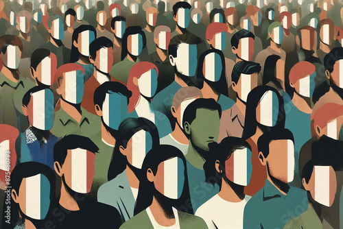 Stylized illustration of a crowd with muted colors, no distinct facial features, various directions. Faces partially obscured, Great for anonymity, diversity, society themes.