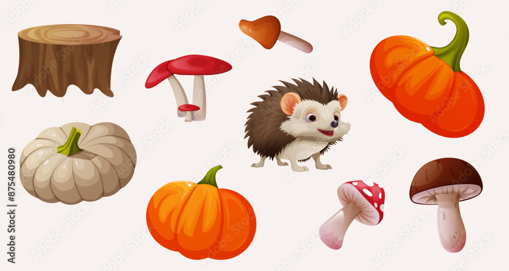 Cute set with a hedgehog. Mushroom and pumpkin design. Vector illustration of hemp