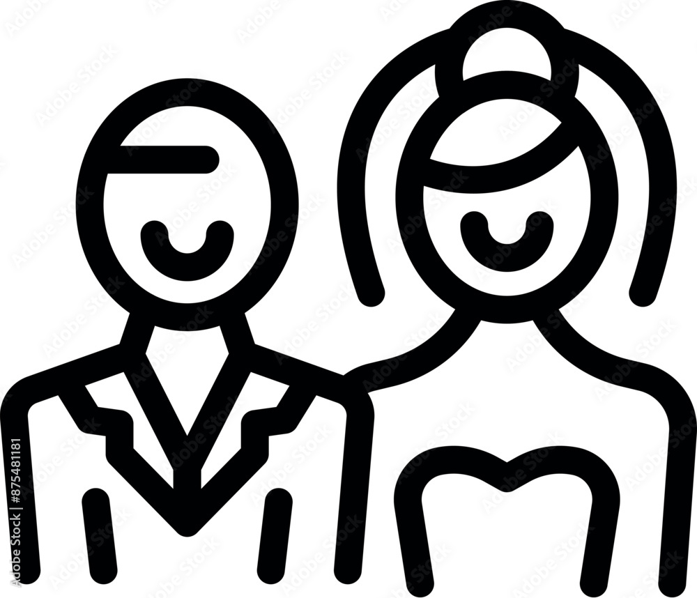 Simple line drawing of a smiling bride and groom on their wedding day Simple line drawing of a smiling bride and groom on their wedding day