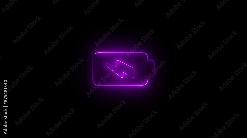 neon lightning bolt, glowing sign. Abstract neon bolt icon with circle on black background Glowing neon battery icon. power and electricity accumulator