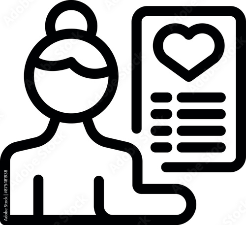 Line icon of a female doctor holding a medical test result with a heart icon, representing healthcare and cardiology