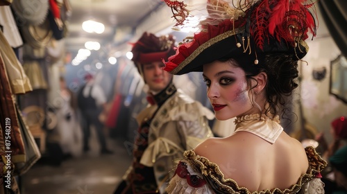 Opera singers in full costume and makeup rehearsing a duet in a backstage dressing room photo