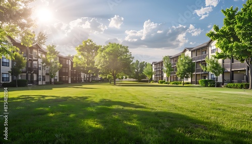 Serene view from a grassy backyard of a typical suburban apartment complex, featuring lush green lawns, scattered trees, and architecturally appealing buildings under a sunny sky.