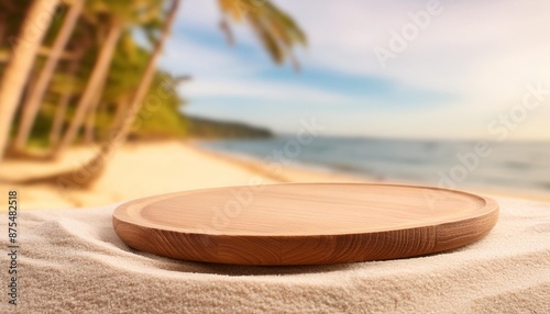Fototapeta Naklejka Na Ścianę i Meble -  Wooden pedestal with free space for your decoration on tropical summer sand beach