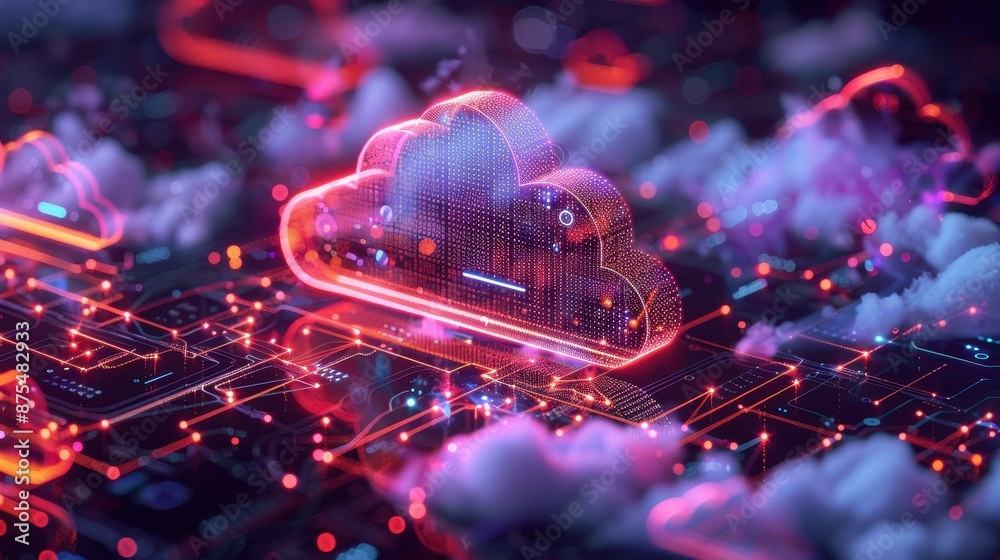 Digital Cloud Network With Red and Blue Lights. Generative AI Digital Cloud Network With Red and Blue Lights. Generative AI