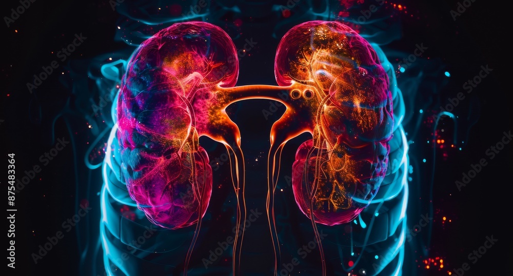 3D rendered illustration of human kidneys with bright neon colors showing detailed anatomy 3D rendered illustration of human kidneys with bright neon colors showing detailed anatomy