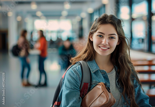 Photo of young beautiful smiling student , college woman girl