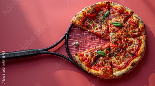  A tennis racket accidentally picking up a slice of pizza on a stick photo