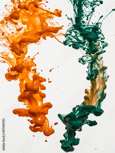 Dynamic mix of orange and green paint in water, creating an abstract, flowing pattern with vibrant colors.