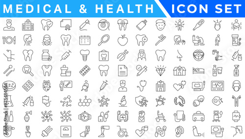 Medical editable stroke outline Icons set. Hospital, patient, medicine, pharmacy, nurse, prescription, ambulance, pills and medical report. Vector illustration