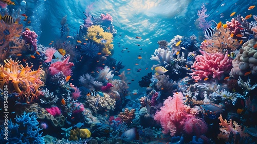 marine style wallpaper, with corals, swimming fishes, vivid colors