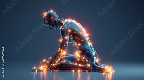 3D X-ray model of human body kneeling with glowing points highlighting energy flow