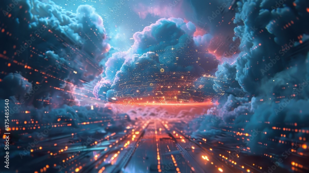 A Futuristic City Inside a Cloud With Lights and Data Streaks. Generative AI A Futuristic City Inside a Cloud With Lights and Data Streaks. Generative AI