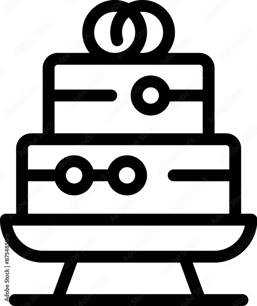 Simple line art icon of a two tiered wedding cake decorated with rings Simple line art icon of a two tiered wedding cake decorated with rings