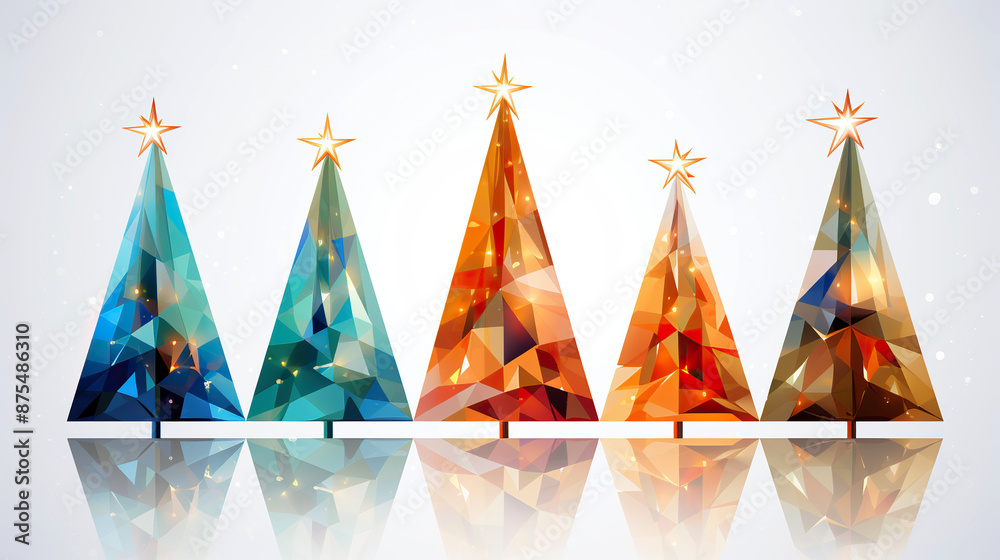 Five stylized Christmas trees, each with a star on top, are rendered in a geometric style with colorful triangular shapes Five stylized Christmas trees, each with a star on top, are rendered in a geometric style with colorful triangular shapes