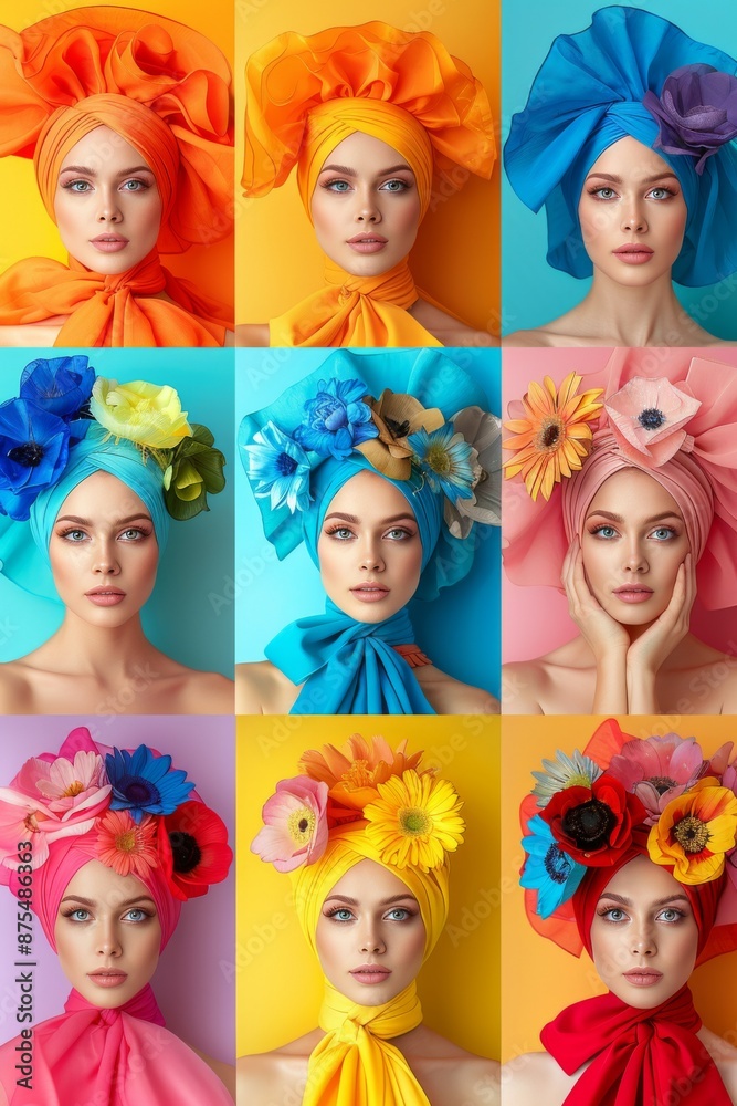 Naklejka premium Fashion Models: collage of various models over colorful vivid backgrounds. Fashion. Beauty. Cosmetics. 