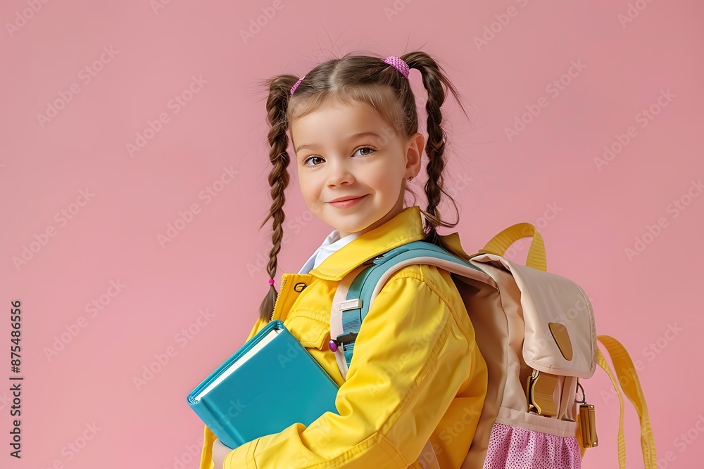 Little girl in school uniform, backpack and books on pink backdrop, yellow jacket, pastel colors, studio shot, happy mood. Little girl in school uniform, backpack and books on pink backdrop, yellow jacket, pastel colors, studio shot, happy mood.