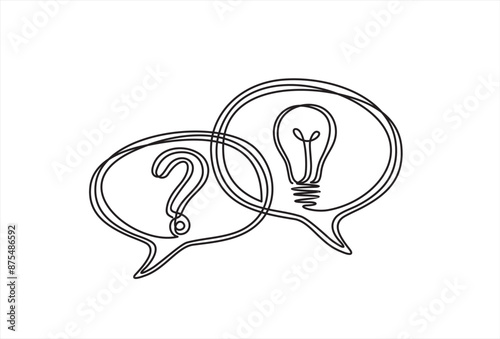 Quick tips. Continuous one line drawing of question mark, light bulb and speech bubbles. Trendy line art vector on a white background. Vector illustration. Hand drawn one line vector.	
