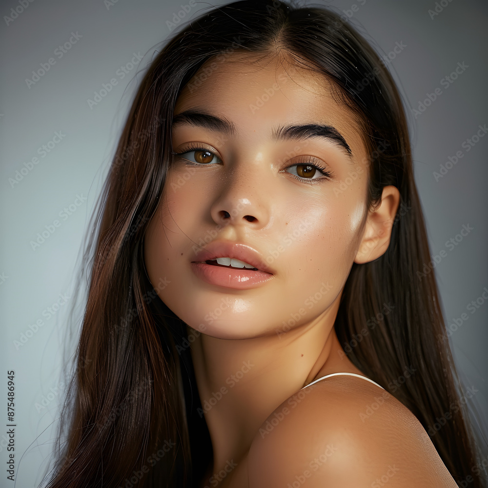 Hair care, glow or woman with beauty, portrait or style for confidence, results or keratin treatment. Face, shine or girl model in studio on grey background for wellness, natural growth or cosmetics Hair care, glow or woman with beauty, portrait or style for confidence, results or keratin treatment. Face, shine or girl model in studio on grey background for wellness, natural growth or cosmetics
