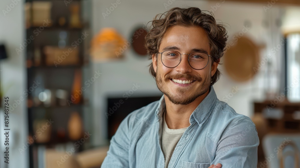 A man with glasses, sporting a light stubble and wearing a casual shirt, smiles warmly while standing against a modern and neatly arranged interior background. A man with glasses, sporting a light stubble and wearing a casual shirt, smiles warmly while standing against a modern and neatly arranged interior background.
