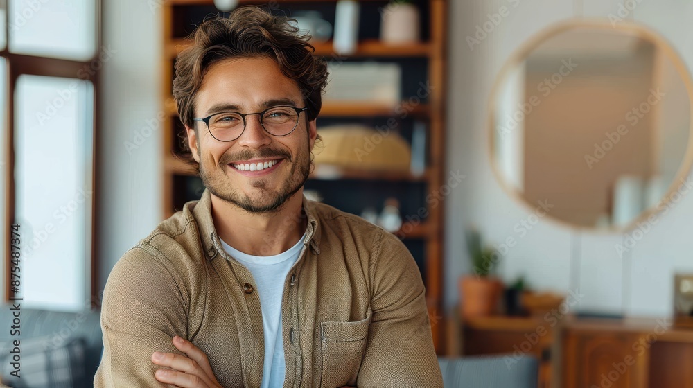 Fototapeta premium A smiling man wearing glasses and a casual light brown shirt stands indoors, exuding happiness, surrounded by a neatly arranged and stylish modern interior setup.