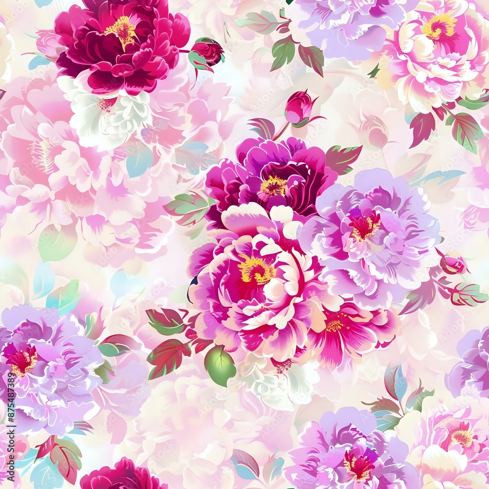 Bright Peony and Cherry Blossom Asian Floral Design on Off-White Bright Peony and Cherry Blossom Asian Floral Design on Off-White