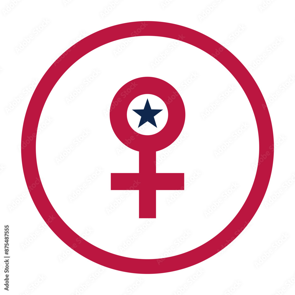 Woman feminist gender symbol icon in red with blue star in center. America colors editable vector