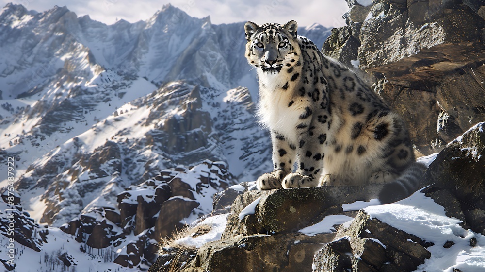 Fototapeta premium now leopard perched on a rocky ledge in a snowy mountain landscape, endangered species