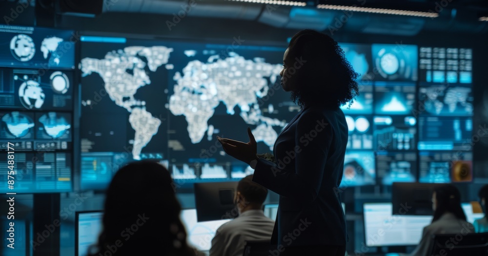 Businesswoman giving a presentation in a high-tech office with multiple screens Businesswoman giving a presentation in a high-tech office with multiple screens