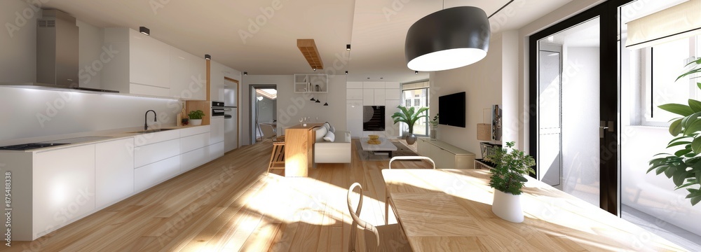 Fototapeta premium The view from the balcony in Neubau Apartment has a panorama of the inside of the penthouse with its kitchen and sofa