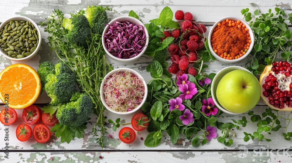 Vegan food ingredients flat-lay on white wooden background. Clean eating, diet concept. Vegetables, fruits, seeds, sprouts, flowers, greens over wooden background.