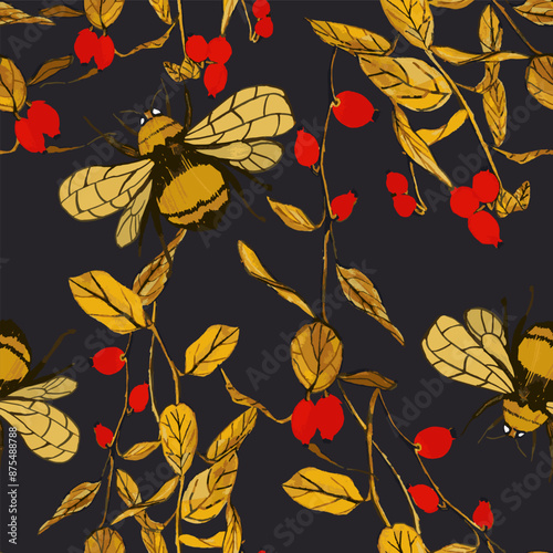 Bees and rosehip. Floral seamless pattern on dark background.