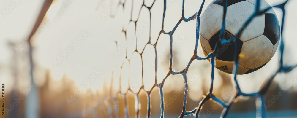 Soccer ball hitting the net of a goal post during sunset. The background is blurred, highlighting the moment of scoring Soccer ball hitting the net of a goal post during sunset. The background is blurred, highlighting the moment of scoring