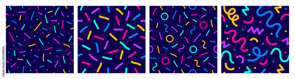 Confetti seamless vector pattern set. Geometric kid style background with different geometric shapes. Memphis seamless confetti pattern. Bright and colorful, 90s style. Vector background Confetti seamless vector pattern set. Geometric kid style background with different geometric shapes. Memphis seamless confetti pattern. Bright and colorful, 90s style. Vector background