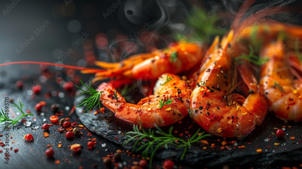 A chef is frying shrimp with vegetables on a black background. Advert for the sale of seafood on a black background, for design purposes. A chef is frying shrimp with vegetables on a black background. Advert for the sale of seafood on a black background, for design purposes.