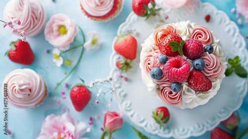 A decadent Easter cupcake adorned with pink frosting, a rose, and fresh berries