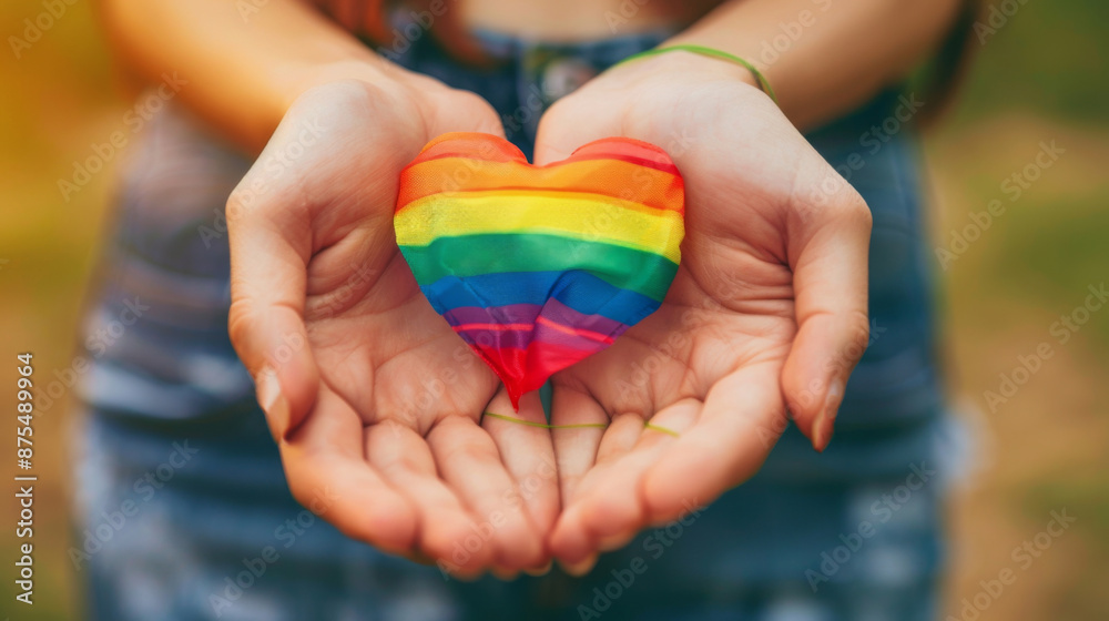 A close-up photo of a persons hands holding a rainbow heart shaped flag A close-up photo of a persons hands holding a rainbow heart shaped flag