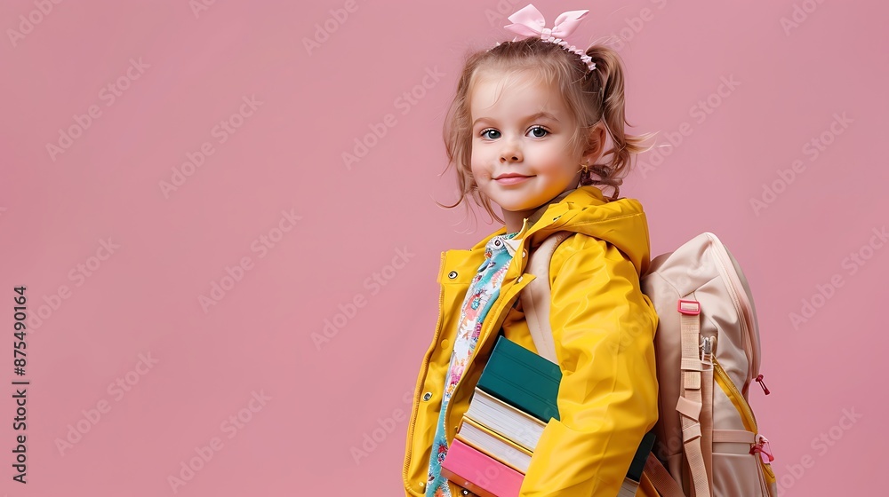 Little girl in school uniform, backpack, books on pink background, yellow jacket, pastel colors, studio shot, cheerful. Little girl in school uniform, backpack, books on pink background, yellow jacket, pastel colors, studio shot, cheerful.