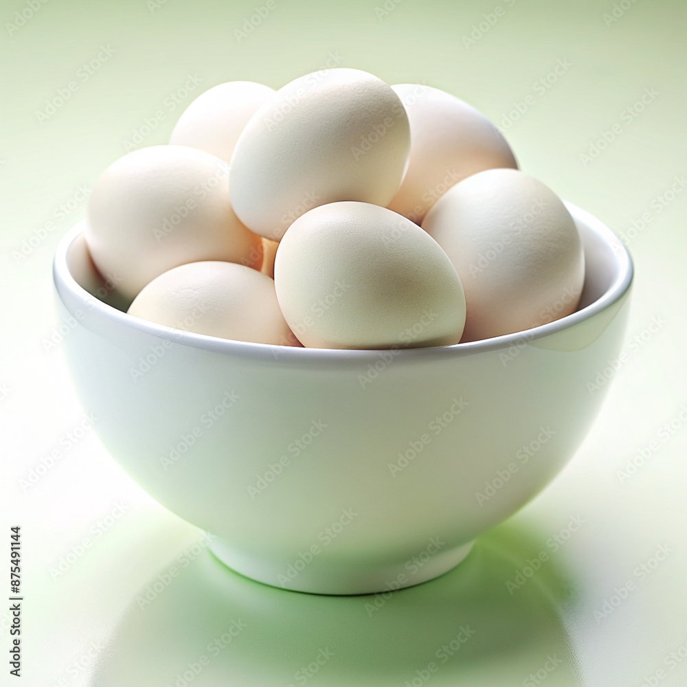 A white ceramic bowl filled with white eggs is placed on a green surface that reflects light. The bowl contains several eggs, some are stacked on top of each other towards the back A white ceramic bowl filled with white eggs is placed on a green surface that reflects light. The bowl contains several eggs, some are stacked on top of each other towards the back