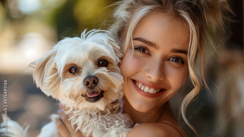A woman smiles warmly while holding her cute dog outdoors. The scene is bathed in beautiful natural light, capturing the bond between the pet and its owner. A woman smiles warmly while holding her cute dog outdoors. The scene is bathed in beautiful natural light, capturing the bond between the pet and its owner.