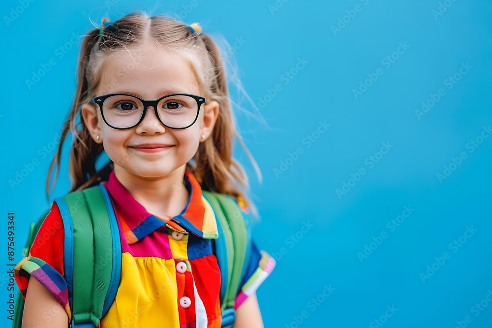 Little girl with glasses, colorful school clothes, blue background, smiling, backpack, copy space, vibrant and happy. Little girl with glasses, colorful school clothes, blue background, smiling, backpack, copy space, vibrant and happy.