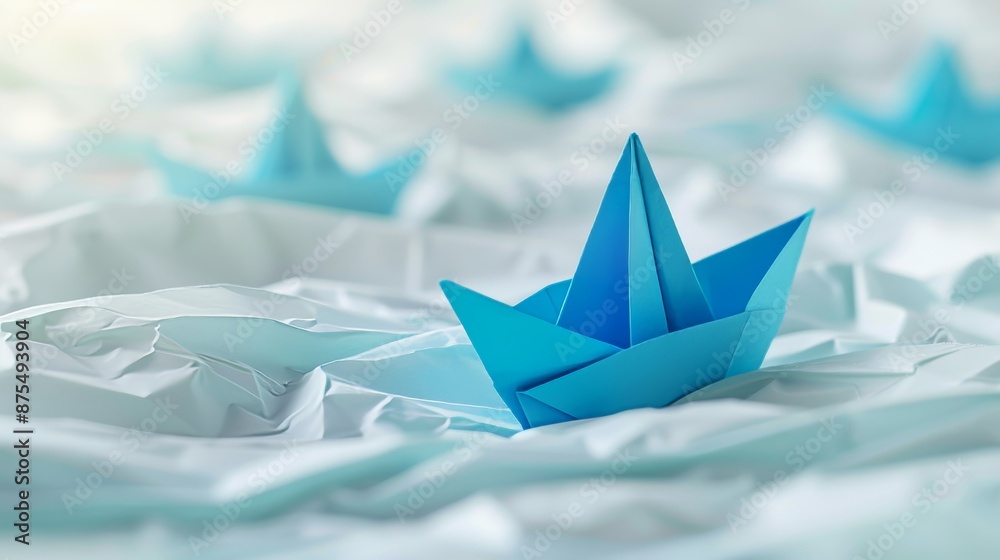 The concept of leadership is symbolized by a blue paper ship standing out among white ones. The concept of leadership is symbolized by a blue paper ship standing out among white ones.
