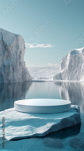 A minimalist white podium floats on the icy lake against a backdrop of blue skies and snow-covered landscapes, creating a serene atmosphere for product displays © Natali