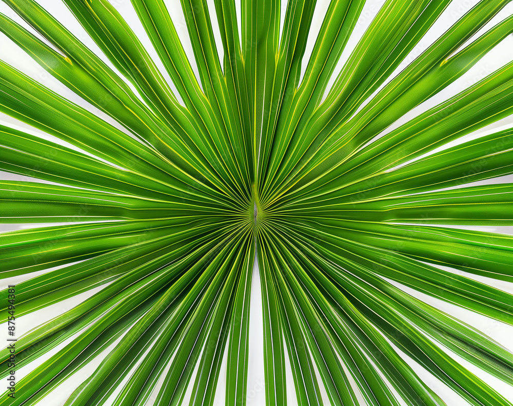 A close up of the center symmetry of a vibrant green palm leaf, with its intricate patterns and textures rendered in high detail. Flat lay A close up of the center symmetry of a vibrant green palm leaf, with its intricate patterns and textures rendered in high detail. Flat lay