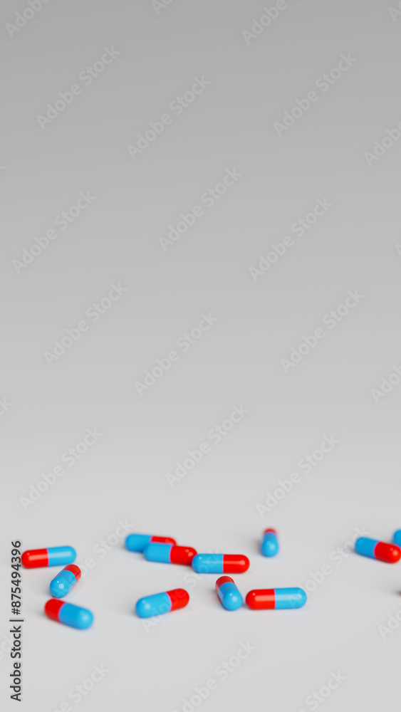Blue and red pills on white background with shallow DOF. Drugs, pills, tablets, medicine concept. 3d render illustration Blue and red pills on white background with shallow DOF. Drugs, pills, tablets, medicine concept. 3d render illustration