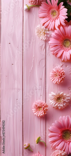 Light pink wooden boards with colorful gerbera daisies .Copy space,flat lay