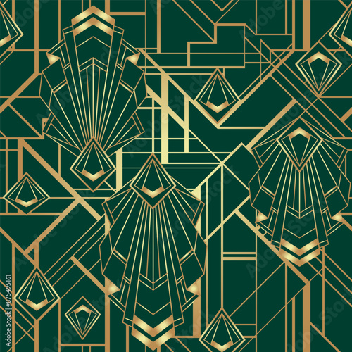 Vector modern geometric tiles pattern in art deco style. Abstract roaring twenties seamless luxury background in gold over dark green.. Abstract art deco seamless background.