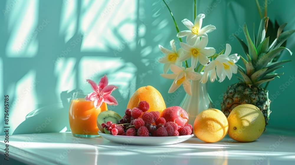 Elegant Brunch Table with Fresh Fruits and Vibrant Colors Against a Turquoise Background