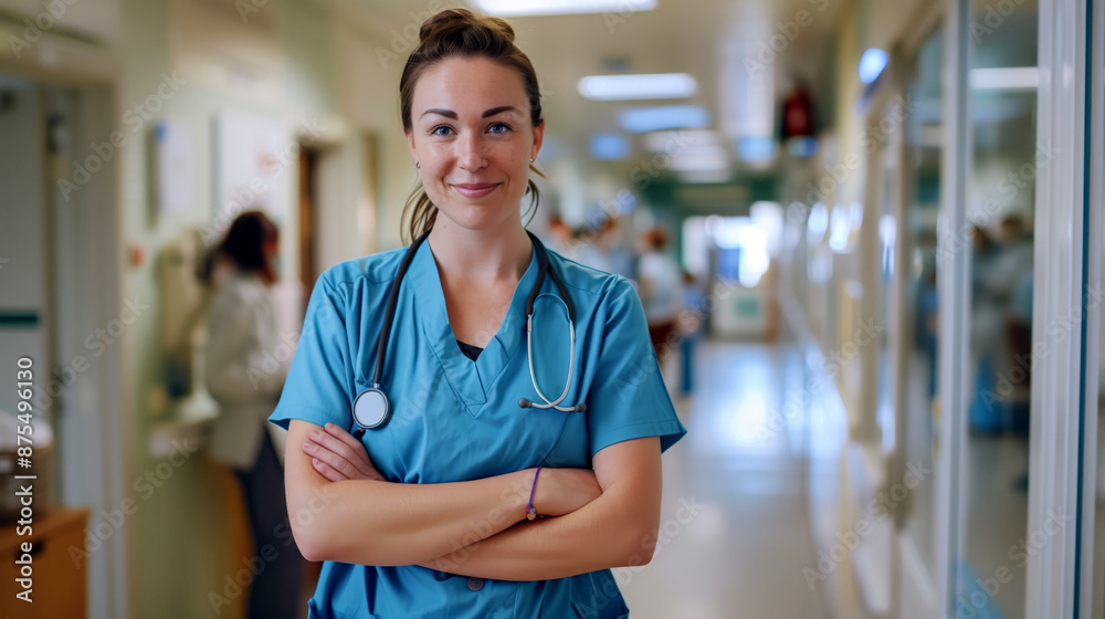 A female nurse, wearing a blue scrub top and stethoscope, stands confidently in a hospital hallway. She looks at the camera with a friendly smile, arms crossed A female nurse, wearing a blue scrub top and stethoscope, stands confidently in a hospital hallway. She looks at the camera with a friendly smile, arms crossed