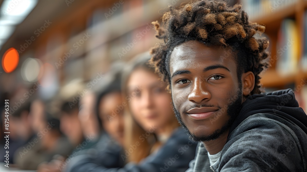 A young man with a beard and a smile is posing for a picture with a group of people, generative AI A young man with a beard and a smile is posing for a picture with a group of people, generative AI
